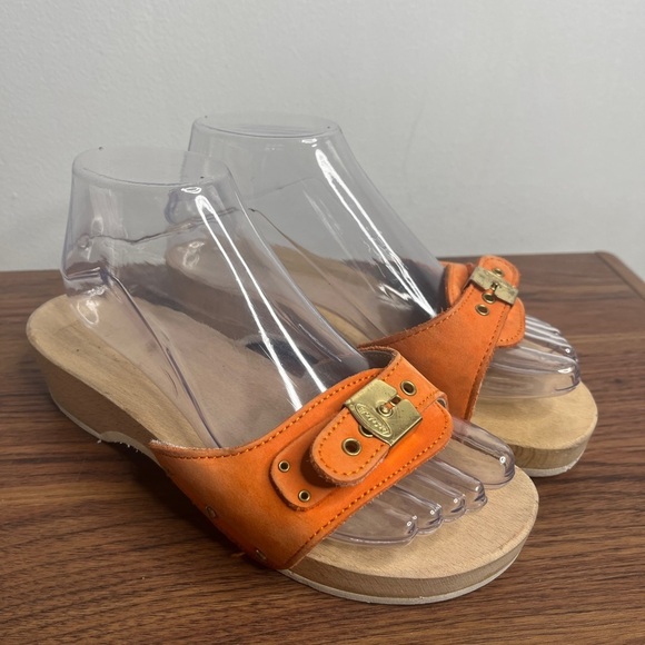 VTG Dr. Scholl’s The Original Wood Sole Sz 6 Orange Sandals Y2K Made in Italy - Picture 5 of 14